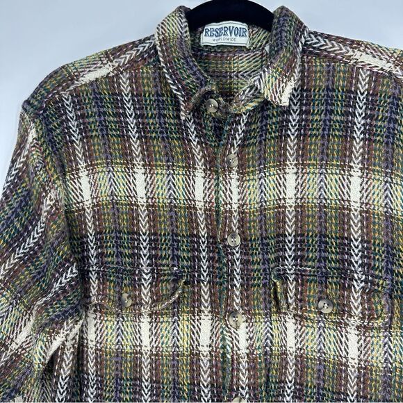 RESERVOIR Worldwide Multicolored Herringbone Button Down Shacket Shirt Sz M - Picture 2 of 9